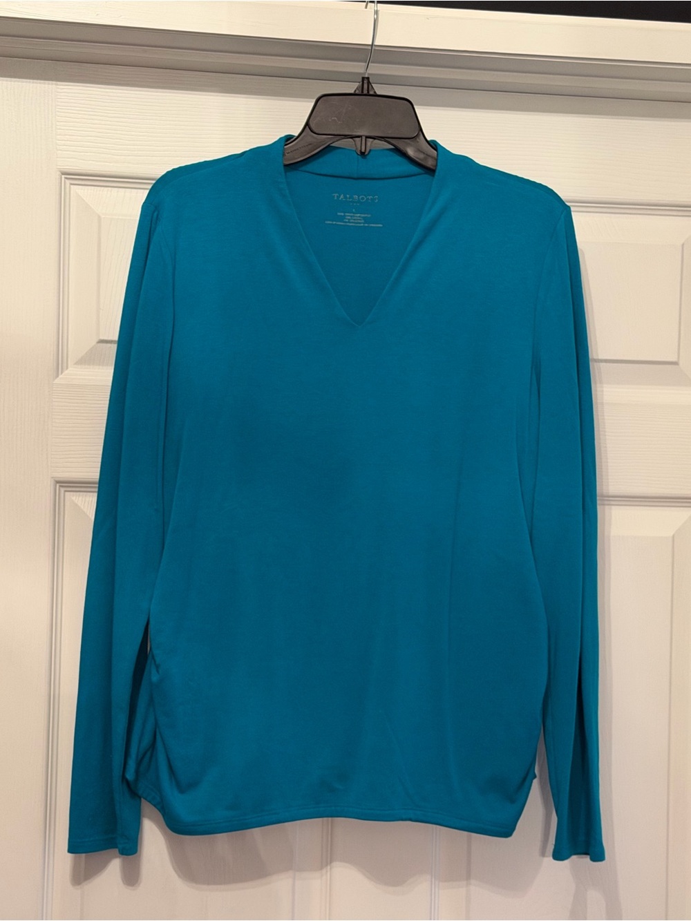 Talbots blue v neck cotton blend top with scrunched sides Size Large
